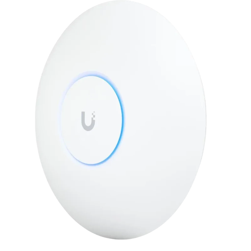 Ubiquiti U7 Pro blanco, punto de acceso circular con anillo LED azul y logo U central; diseño minimalista para techo o pared, acabado mate