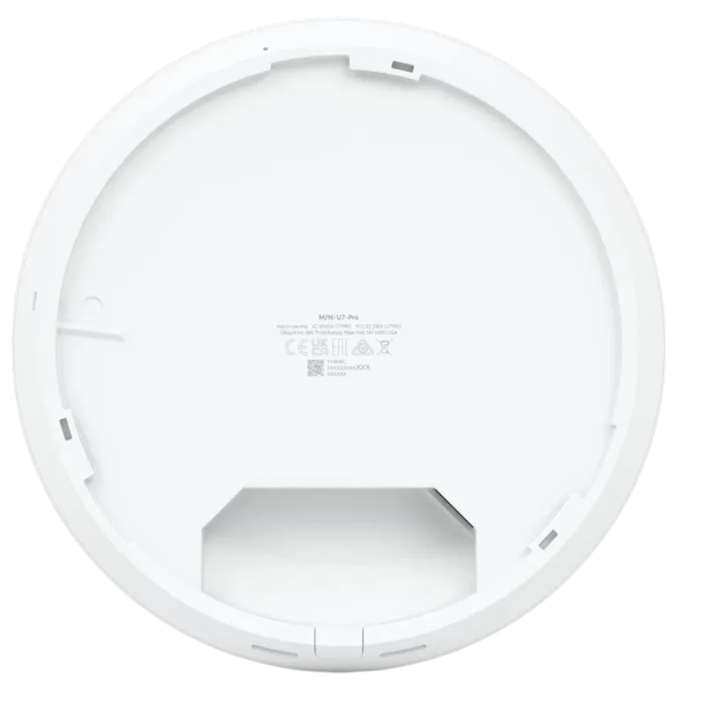 Ubiquiti U7 Pro blanco con diseño circular minimalista, carcasa plástica mate y base de montaje trasera con ranuras y puerto de conexión central