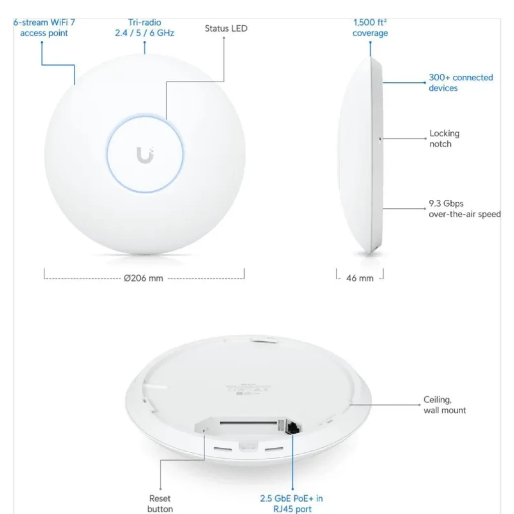 Ubiquiti U7 Pro blanco, punto de acceso circular de techo o pared, LED de estado, puerto 2.5 GbE PoE, botón reset, perfil delgado 46 mm, carcasa Ø206 mm