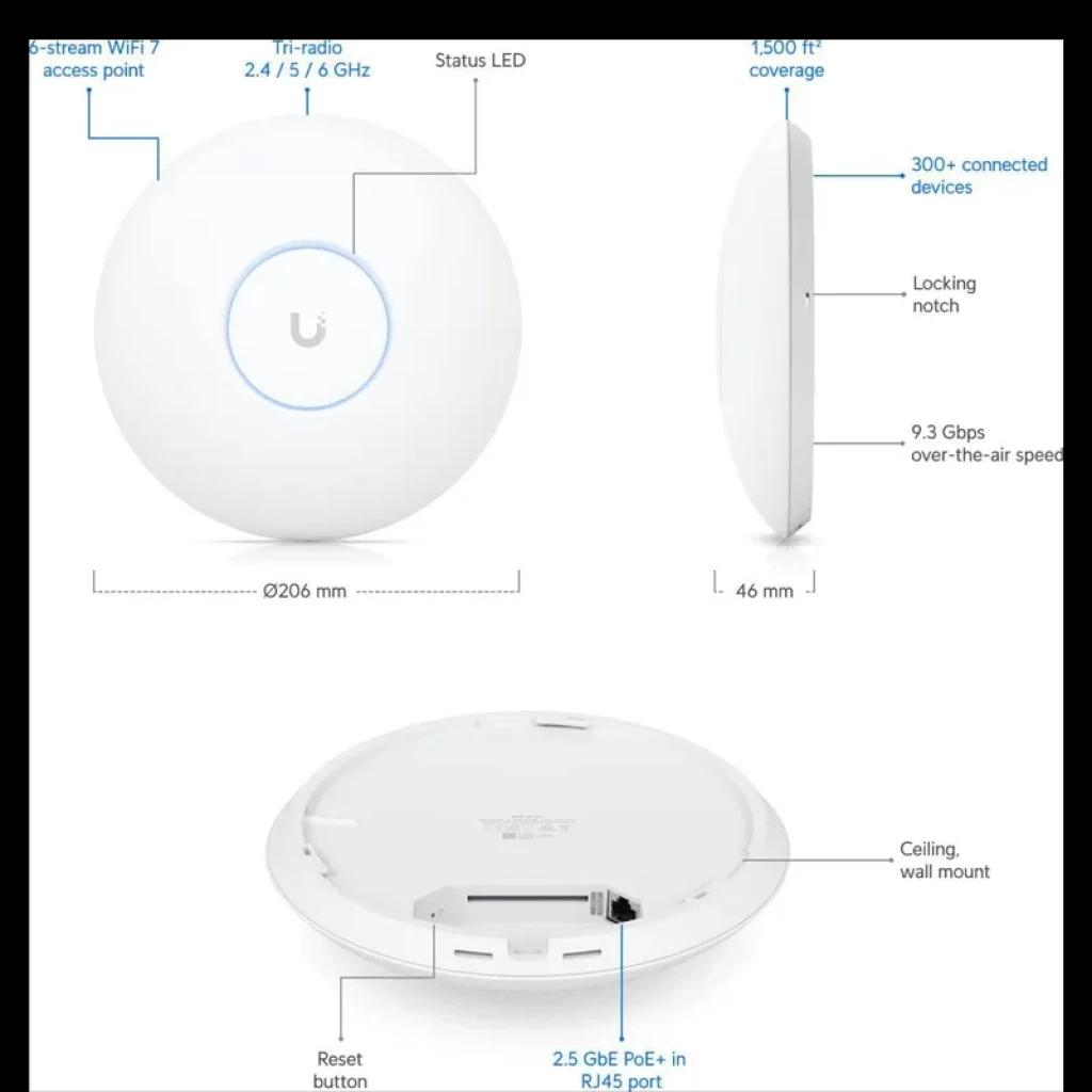 Ubiquiti U7 Pro blanco, punto de acceso circular de techo o pared, LED de estado, puerto 2.5 GbE PoE, botón reset, perfil delgado 46 mm, carcasa Ø206 mm