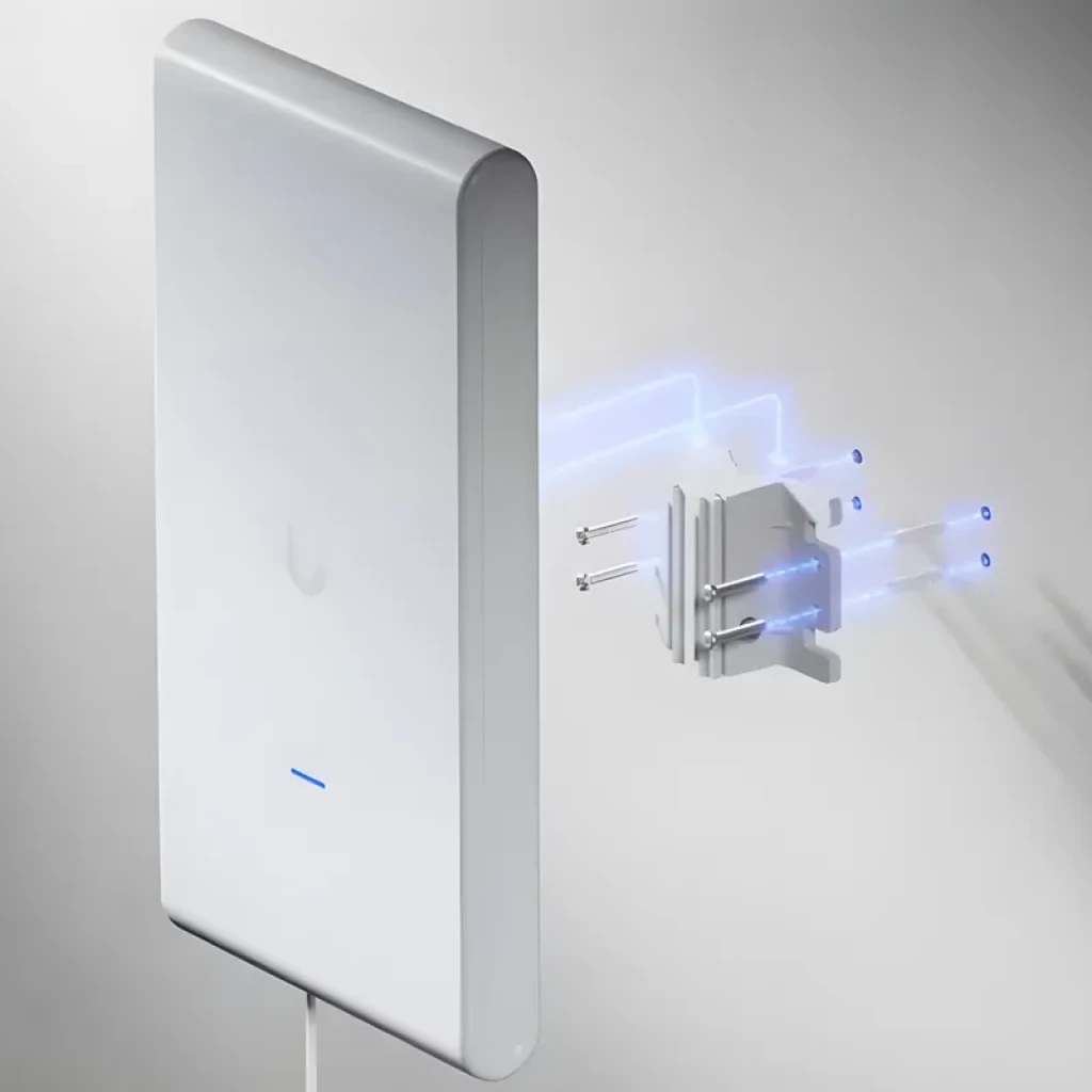 Ubiquiti U6 Mesh Pro Blanco con cuerpo rectangular blanco, LED azul frontal, cable inferior y soporte de pared con tornillos y guías de montaje iluminadas