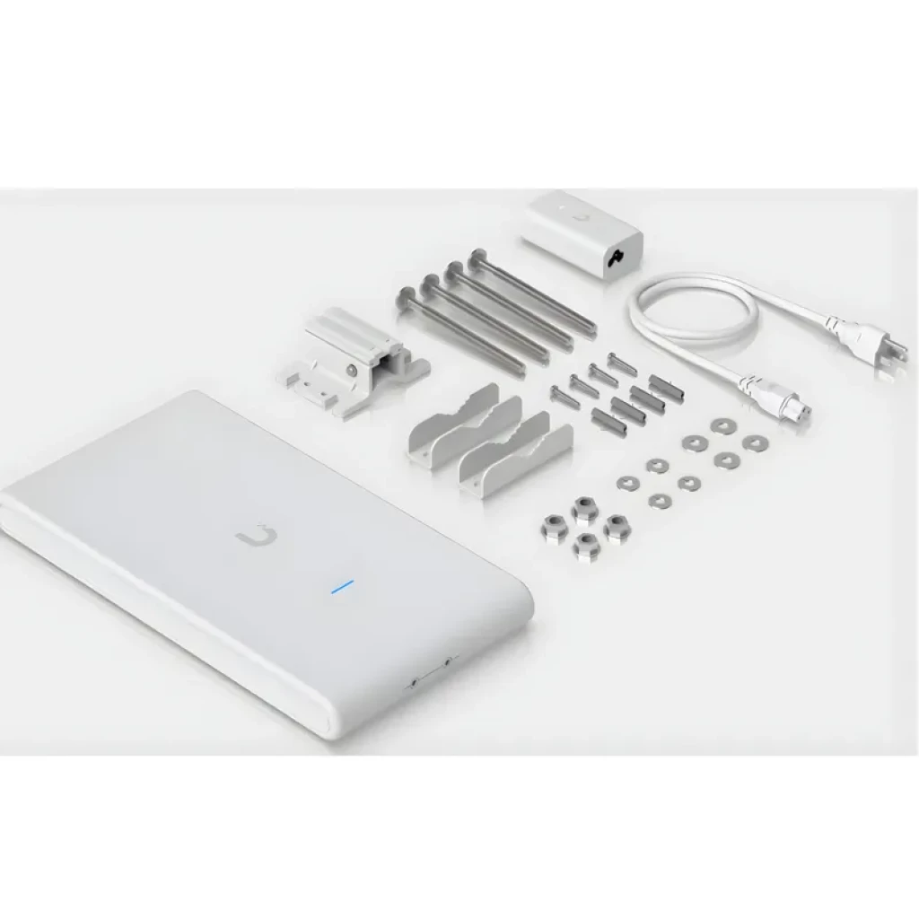 Ubiquiti U6 Mesh Pro Blanco con carcasa delgada y LED azul, incluye soportes de montaje, tornillería, adaptador PoE Gigabit, cable Ethernet y fijaciones