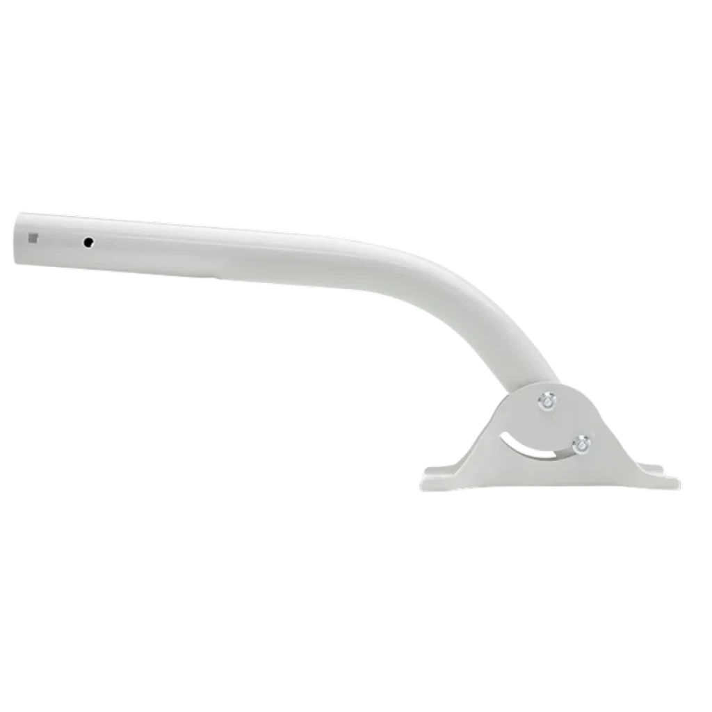 Soporte metálico Ubiquiti UB-AM para antena, brazo curvo blanco con base triangular y pernos ajustables, ideal para montaje en pared o mástil