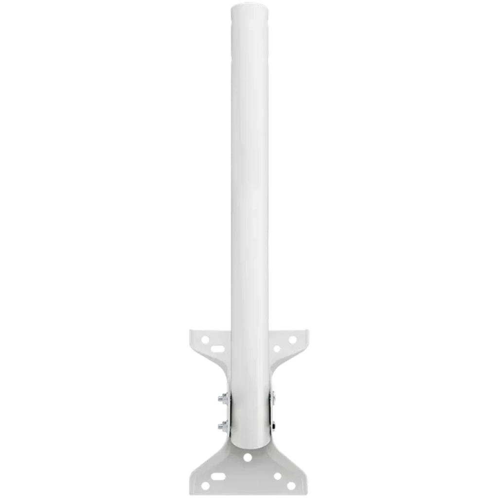Ubiquiti UB-AM, kit de montaje universal: poste cilíndrico blanco con base metálica en X perforada para fijación segura de antenas en pared o mástil