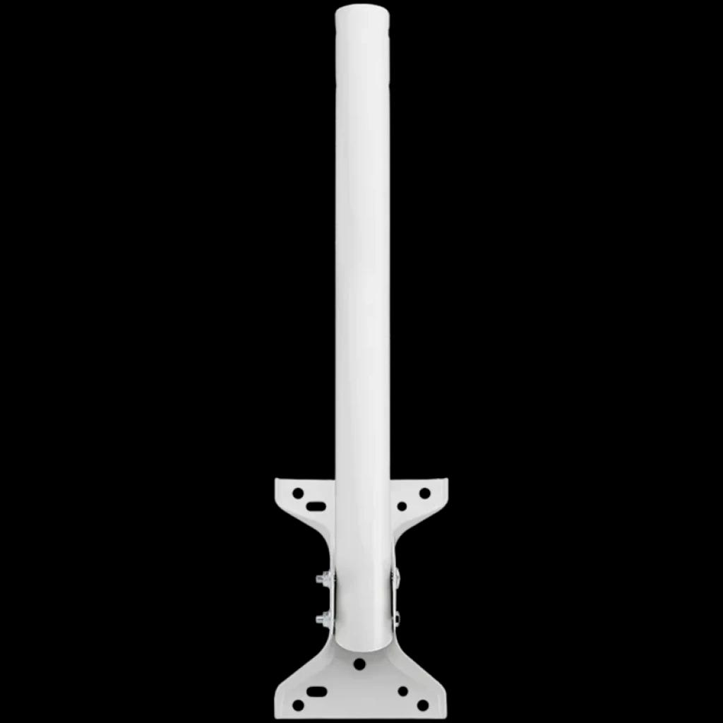 Ubiquiti UB-AM, kit de montaje universal: poste cilíndrico blanco con base metálica en X perforada para fijación segura de antenas en pared o mástil