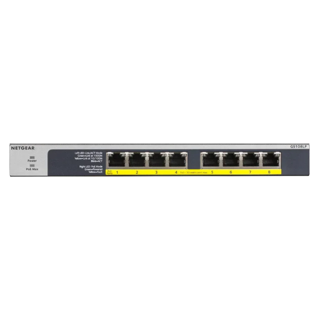 NETGEAR GS108LP switch no gestionado con 8 puertos Gigabit frontales, barra amarilla de numeración 1-8, LEDs de estado a la izquierda y chasis metálico