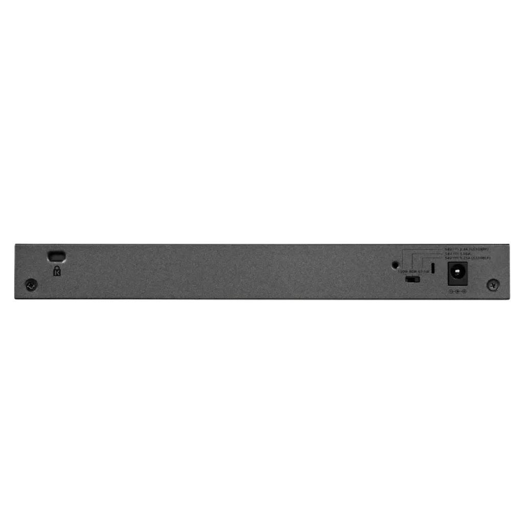 Parte trasera del NETGEAR GS108LP con 8 puertos Gigabit Ethernet, mostrando interruptor, ranura de seguridad Kensington, botón reset y entrada de alimentación