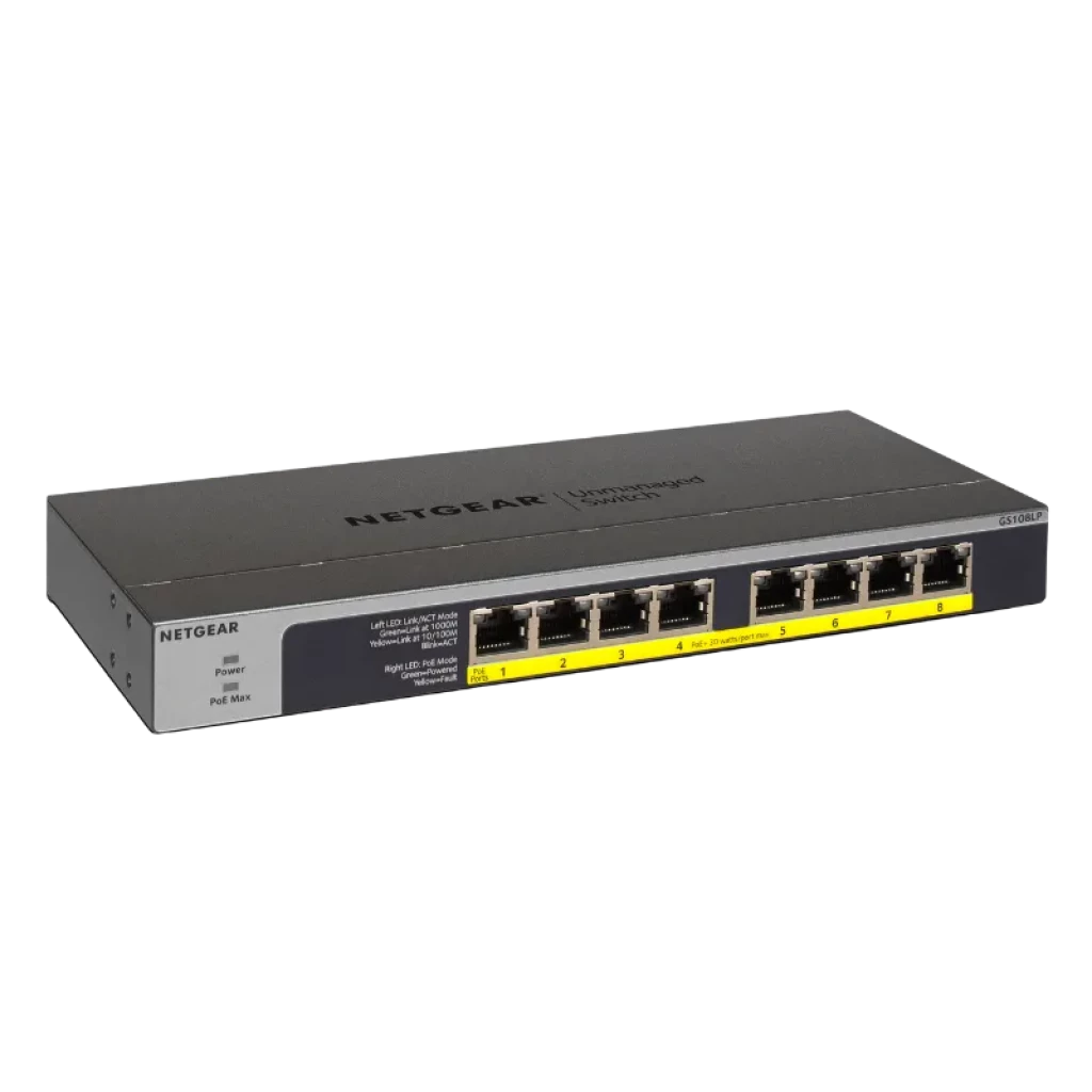 NETGEAR GS108LP switch metálico negro con 8 puertos Gigabit frontales, indicadores LED y línea amarilla PoE, diseño compacto para montaje en escritorio