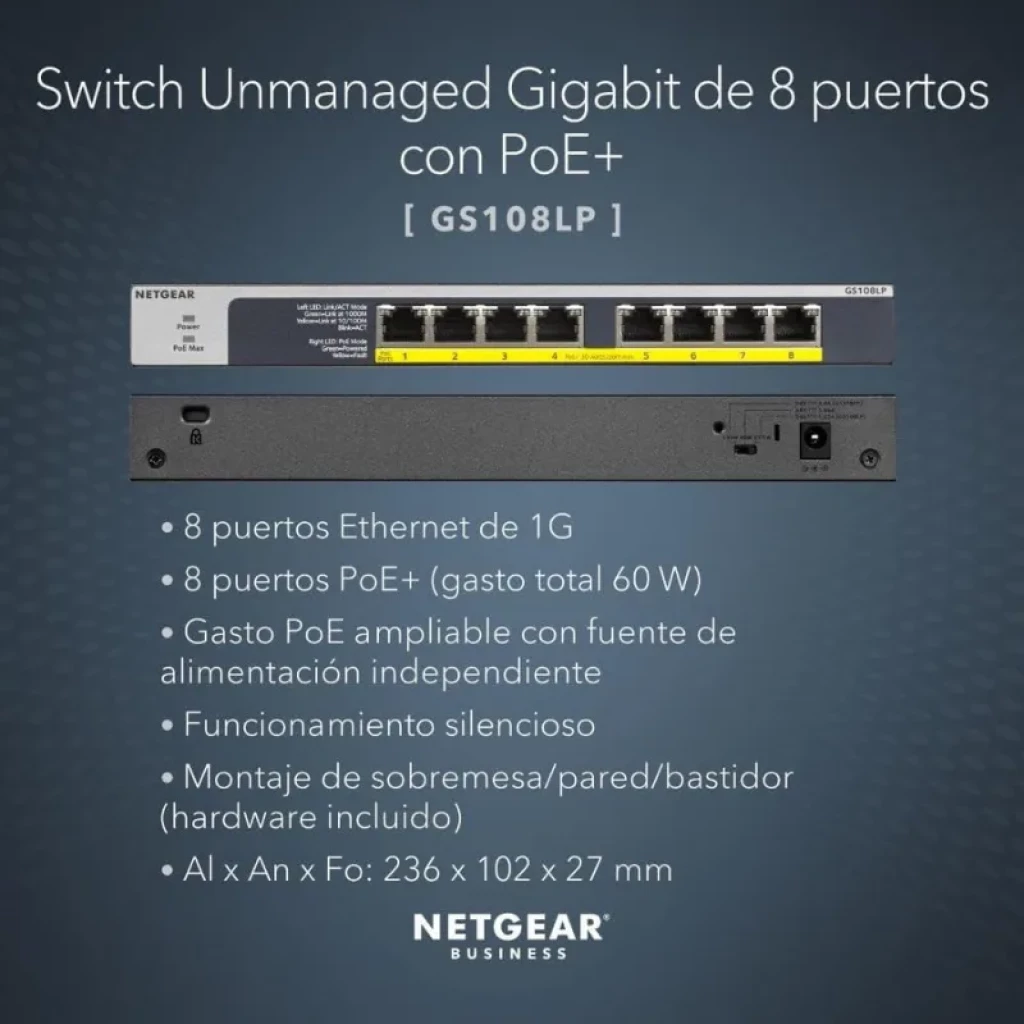 NETGEAR GS108LP con 8 puertos Gigabit, PoE+ total 60 W ampliable, carcasa metálica compacta, montaje en sobremesa o pared, funcionamiento silencioso