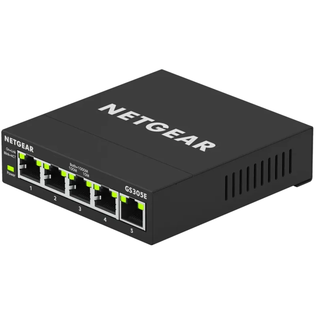 NETGEAR GS305E commutateur 5 ports Gigabit métal noir avec voyants LED par port, évents latéraux, étiquettes de numérotation frontale et indicateur Power