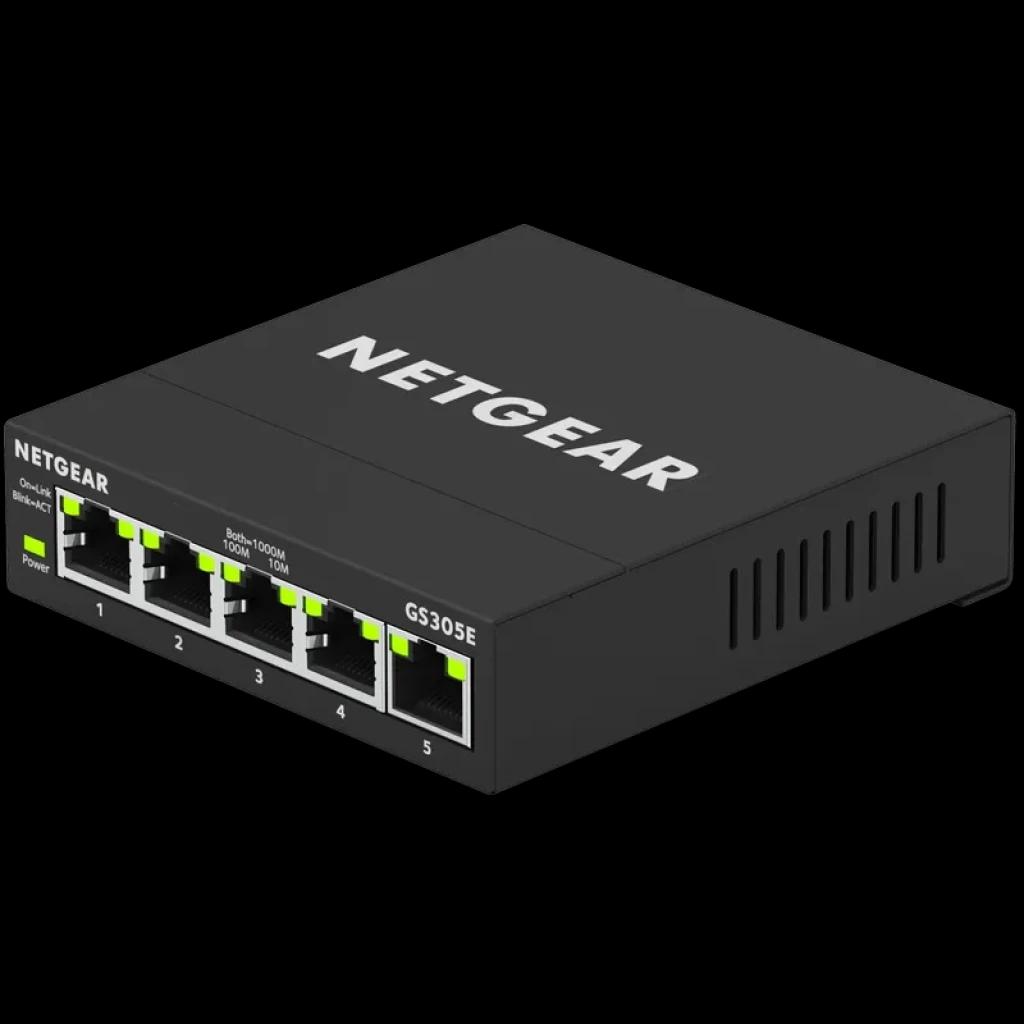 NETGEAR GS305E commutateur 5 ports Gigabit métal noir avec voyants LED par port, évents latéraux, étiquettes de numérotation frontale et indicateur Power