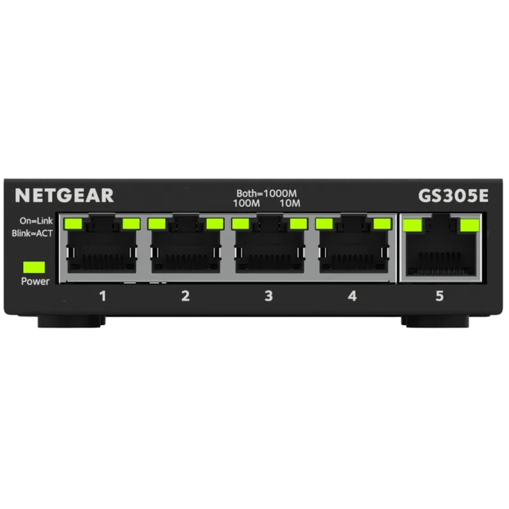 NETGEAR GS305E commutateur Gigabit 5 ports avec voyants LED par port, boîtier compact noir, indicateurs de vitesse 10 100 1000 et témoin Power à gauche