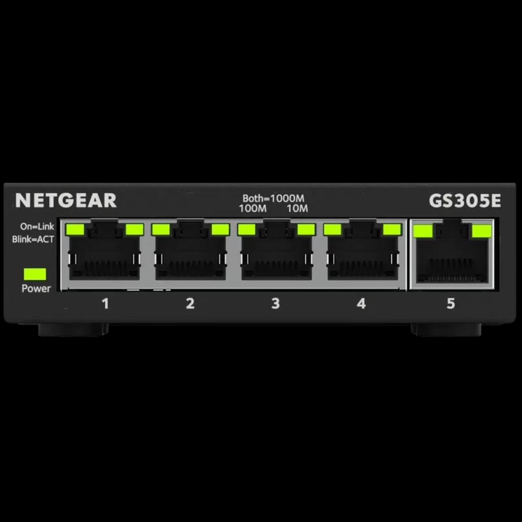 NETGEAR GS305E commutateur Gigabit 5 ports avec voyants LED par port, boîtier compact noir, indicateurs de vitesse 10 100 1000 et témoin Power à gauche