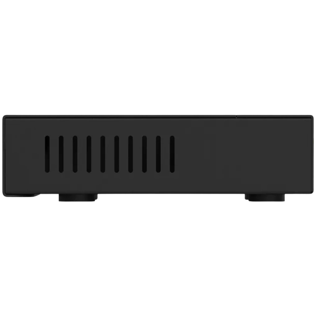 NETGEAR GS305E commutateur Gigabit 5 ports boîtier métallique noir, façade latérale avec fentes de ventilation et pieds antidérapants