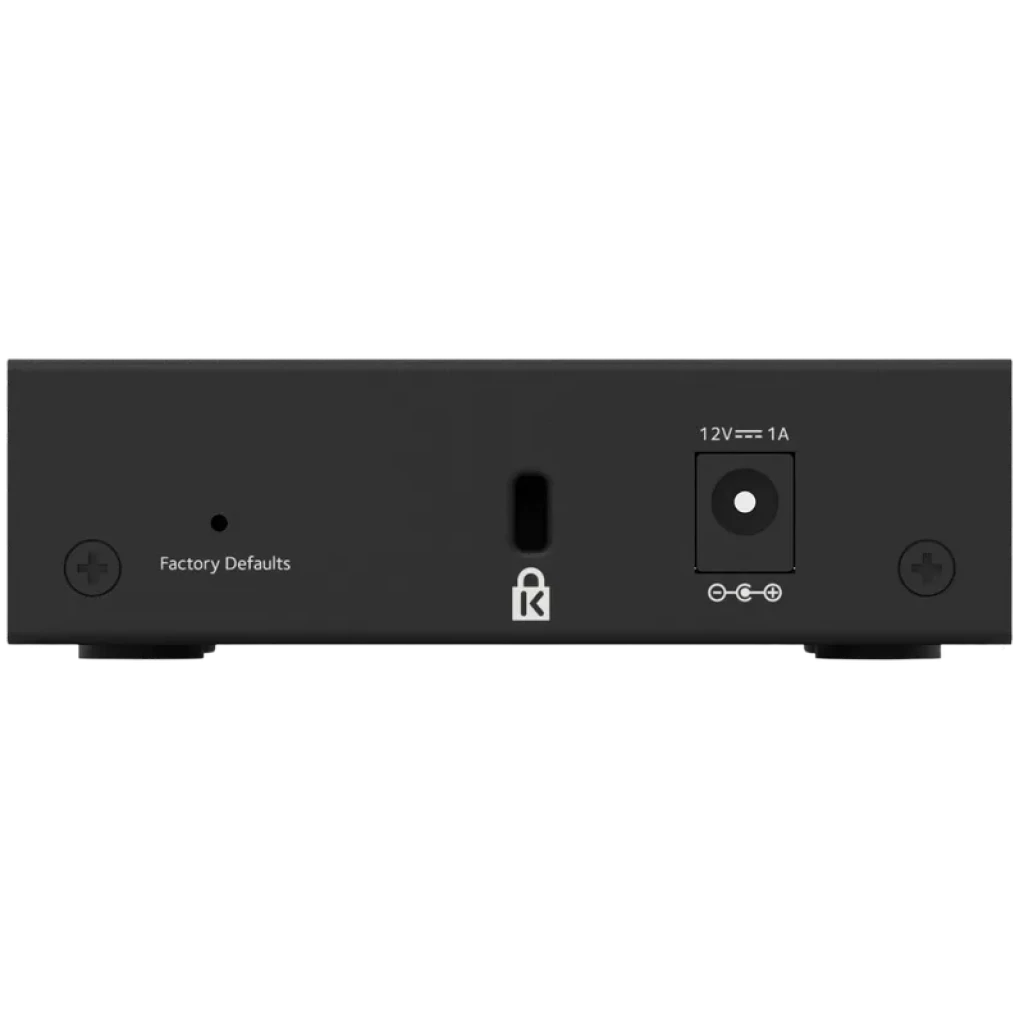 NETGEAR GS305E - Commutateur 5 ports vu de dos avec prise d’alimentation 12V 1A, bouton Factory Defaults, LED et symbole cadenas de sécurité