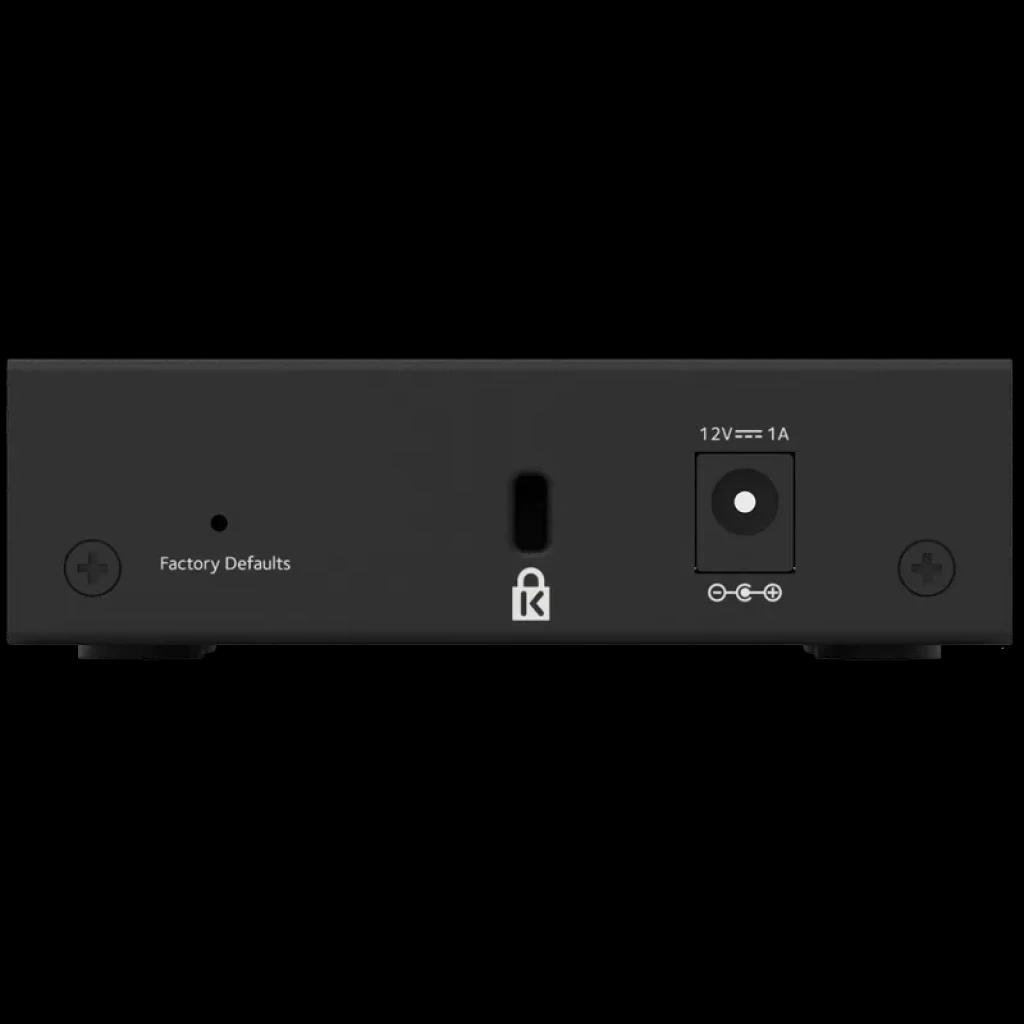 NETGEAR GS305E - Commutateur 5 ports vu de dos avec prise d’alimentation 12V 1A, bouton Factory Defaults, LED et symbole cadenas de sécurité