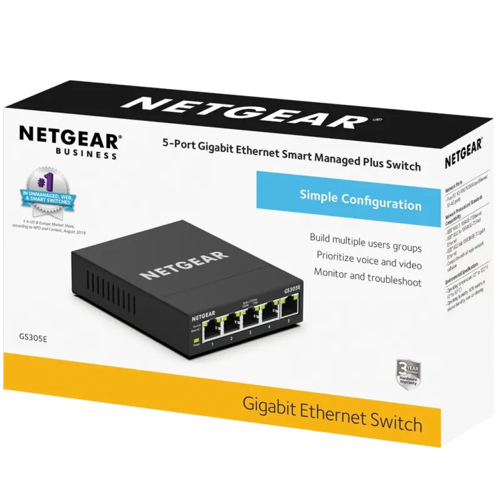 NETGEAR GS305E commutateur Gigabit 5 ports, boîtier noir compact, voyants LED par port, étiquette verte, emballage NETGEAR Business avec mentions de garanties