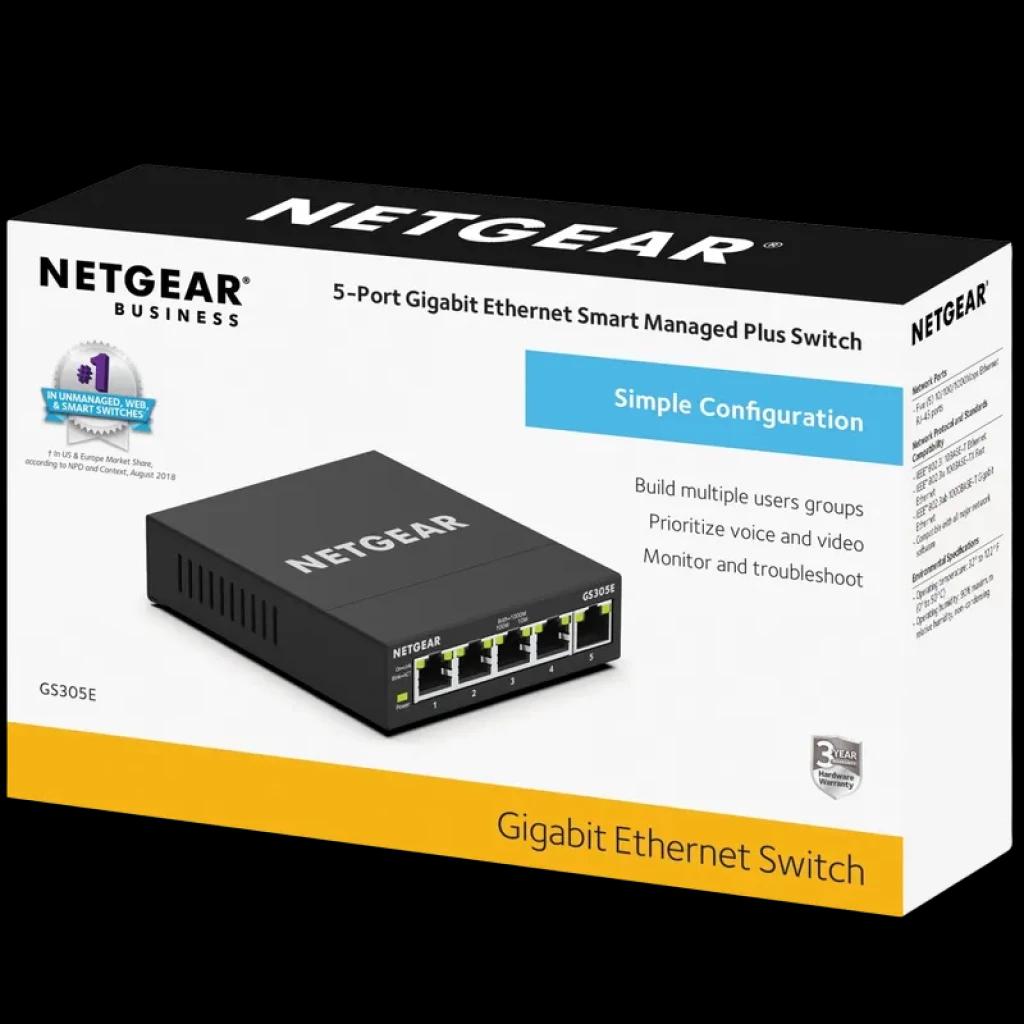 NETGEAR GS305E commutateur Gigabit 5 ports, boîtier noir compact, voyants LED par port, étiquette verte, emballage NETGEAR Business avec mentions de garanties