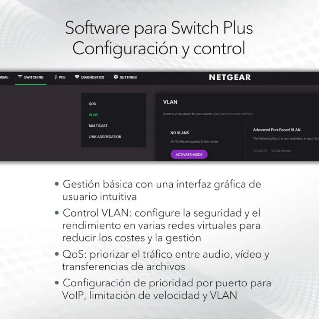 NETGEAR GS308EP con 8 puertos Gigabit Ethernet; interfaz de gestión intuitiva, VLAN, QoS y priorización para VoIP, video y tráfico crítico