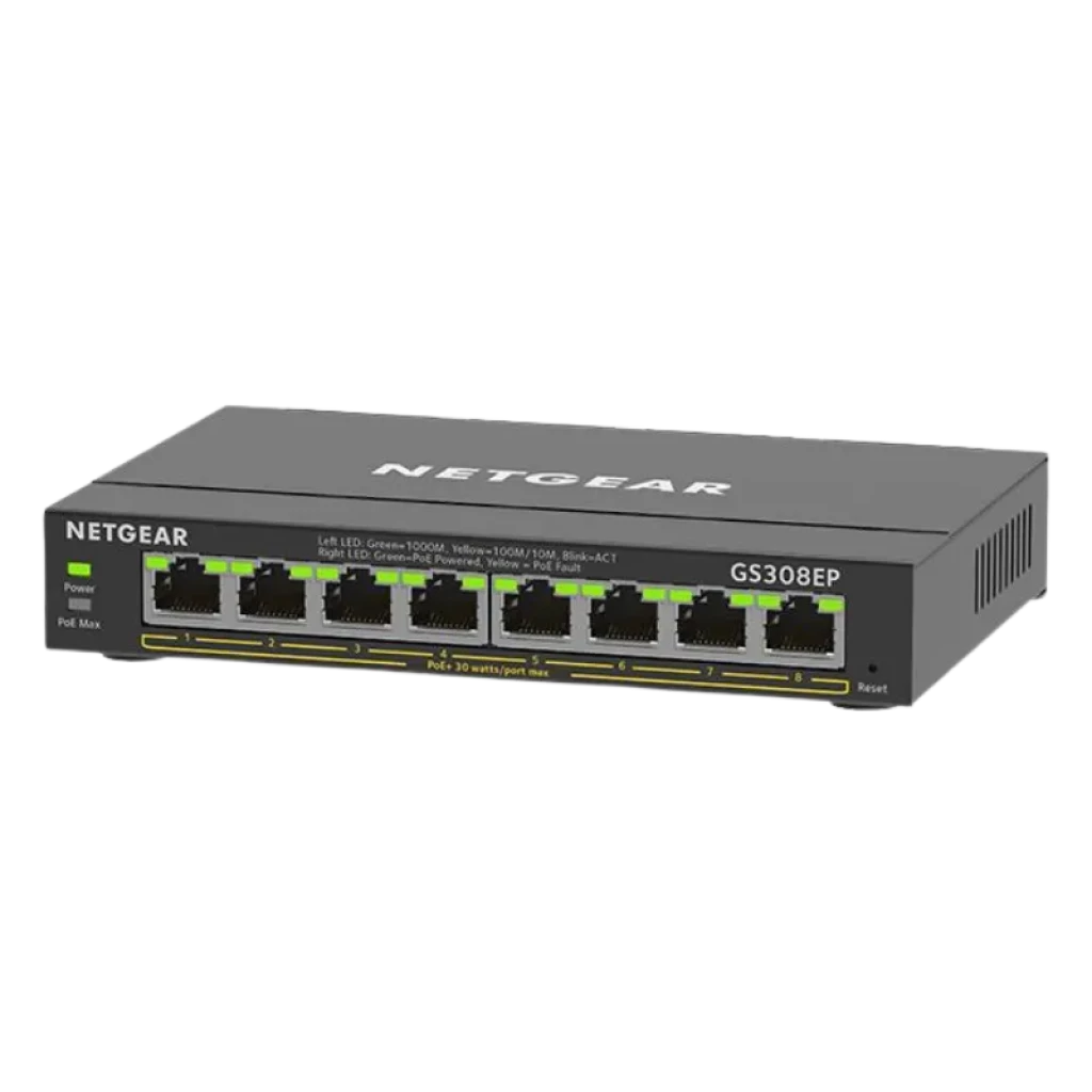 Vista frontal Switch NETGEAR GS308EP con 8 puertos Gigabit PoE+ e indicadores LED de estado