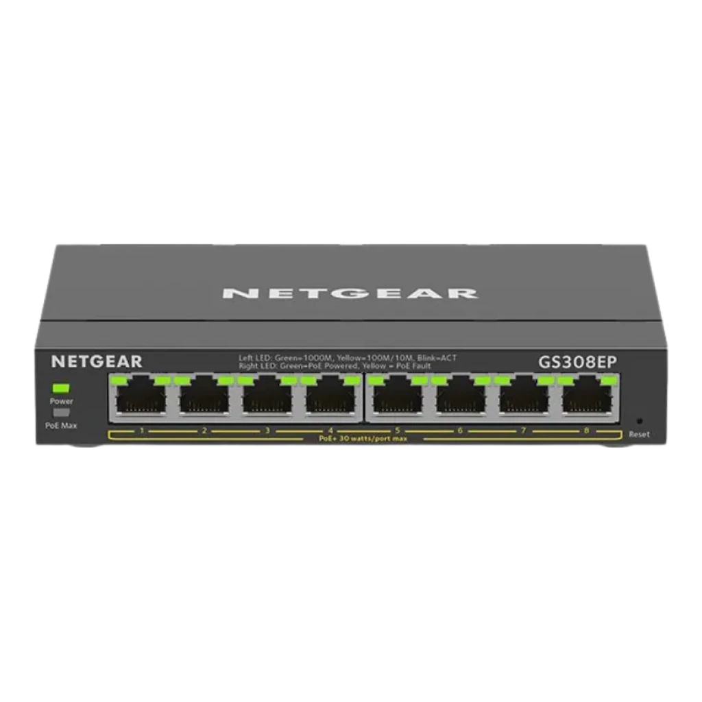 NETGEAR GS308EP switch gestionado con 8 puertos Gigabit frontales, indicadores LED por puerto, chasis metálico compacto y soporte PoE en puertos seleccionados