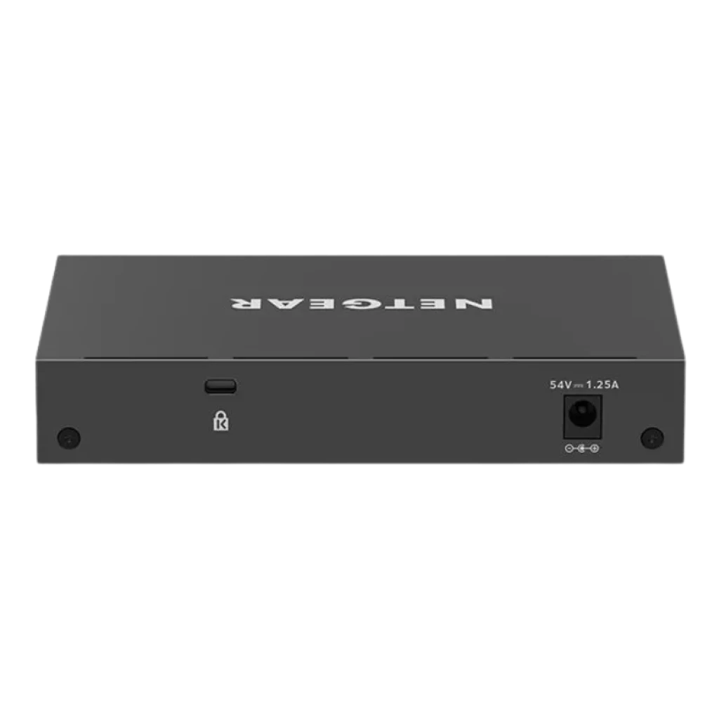 Conexiones traseras y chasis metálico fanless del switch gestionable NETGEAR GS308EP.