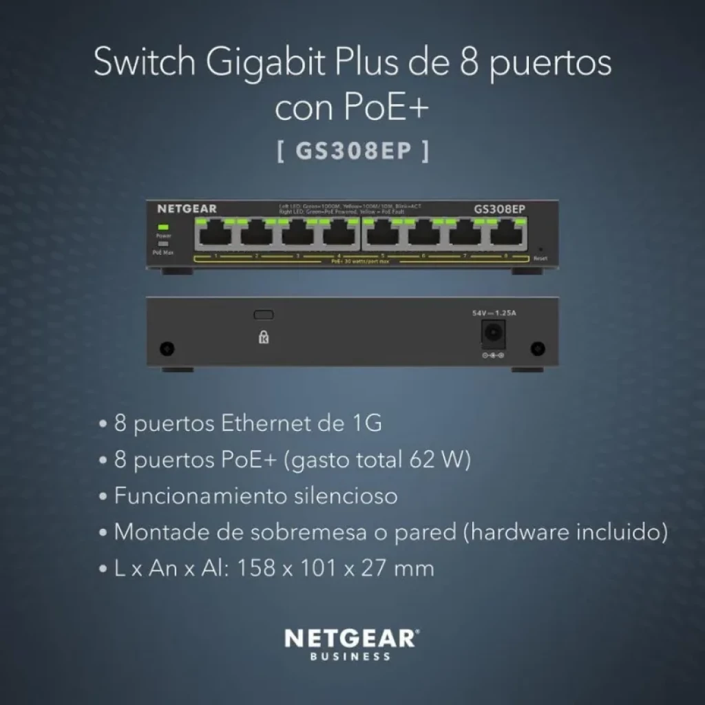 NETGEAR GS308EP: switch gestionado compacto con 8 puertos Gigabit, PoE+ marcado en 4 puertos, LEDs de estado frontales y chasis metálico para sobremesa o pared