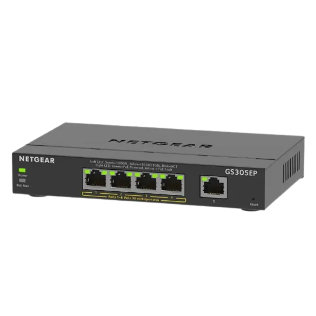 Switch NETGEAR GS305EP frontal con 5 puertos Gigabit y LEDs de estado