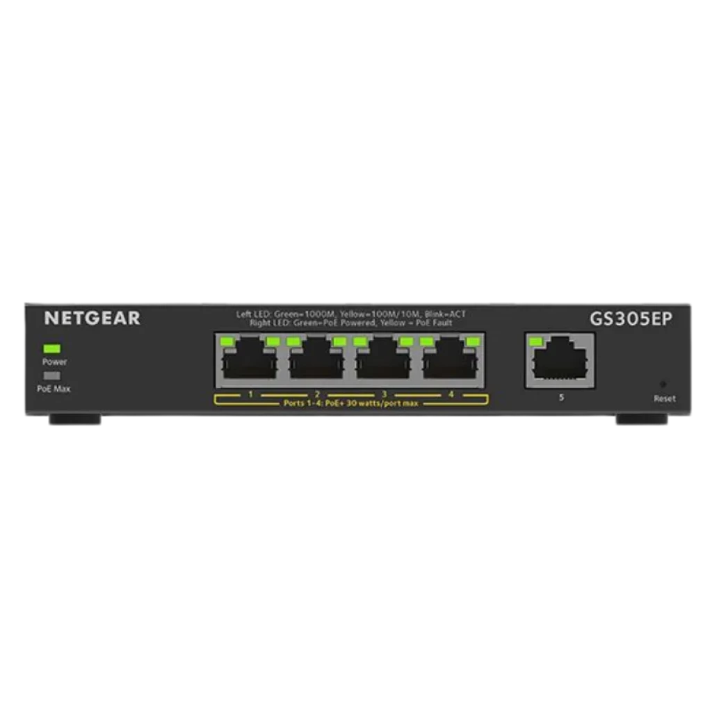 NETGEAR GS305EP switch gestionado con 5 puertos Gigabit Ethernet frontales, LEDs de estado, puerto PoE, carcasa metálica compacta y botón de reinicio