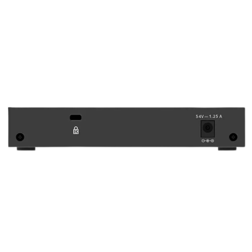Vista posterior NETGEAR GS305EP, entrada de alimentación y chasis metálico