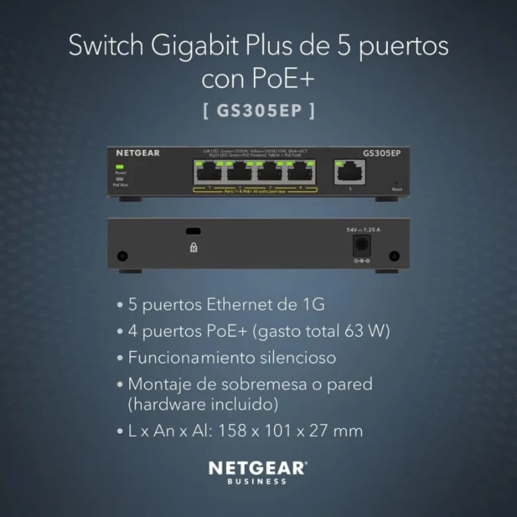 NETGEAR GS305EP con 5 puertos Gigabit, 4 PoE+ hasta 63 W, funcionamiento silencioso, montaje en sobremesa o pared, diseño compacto negro profesional