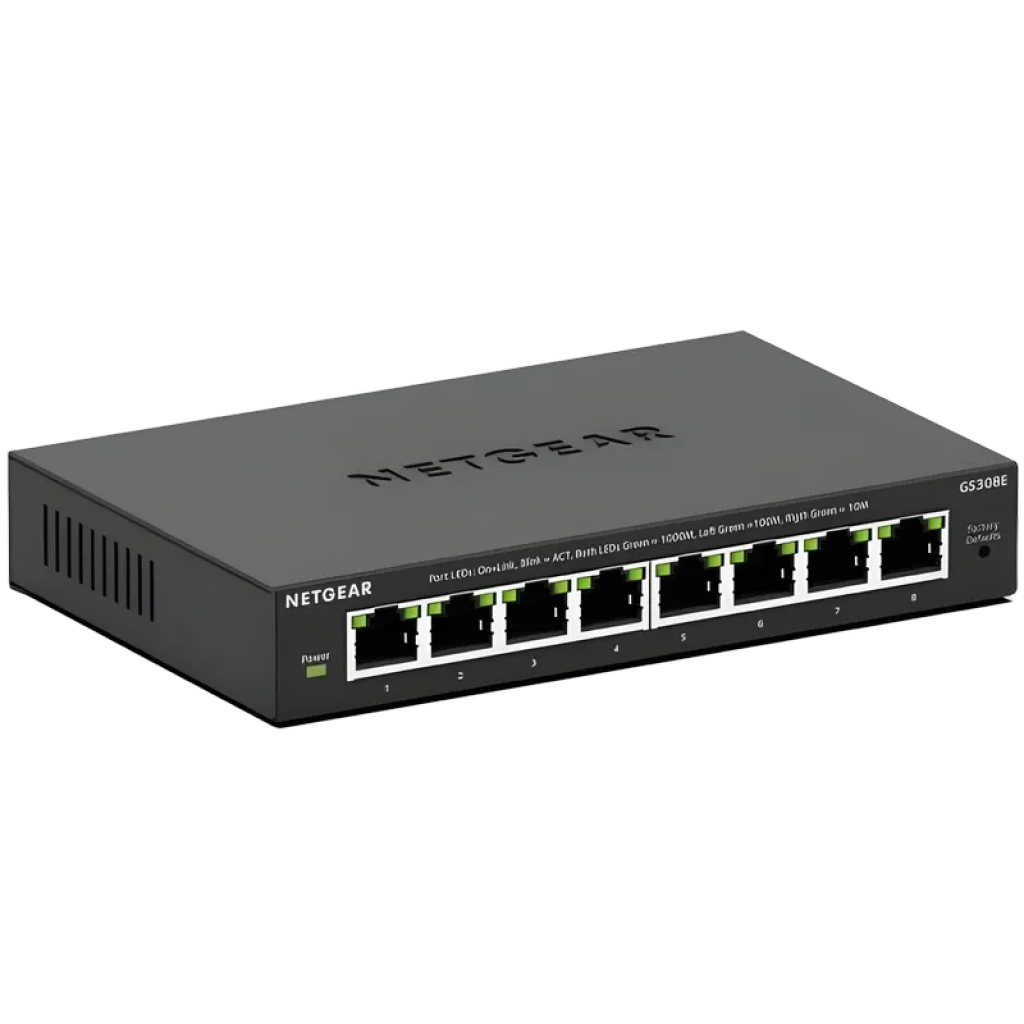 NETGEAR GS308E Switch gestionado Gigabit de 8 puertos, carcasa metálica negra, LEDs de estado por puerto y ventilación lateral, formato de escritorio