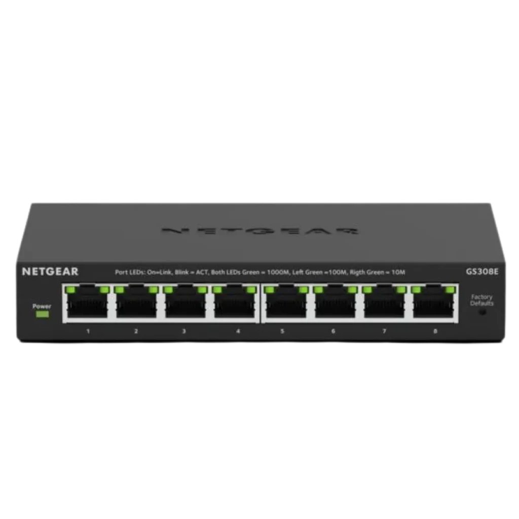NETGEAR GS308E switch gestionado Gigabit con 8 puertos RJ45 frontales, indicadores LED verdes por puerto y chasis metálico compacto en color negro