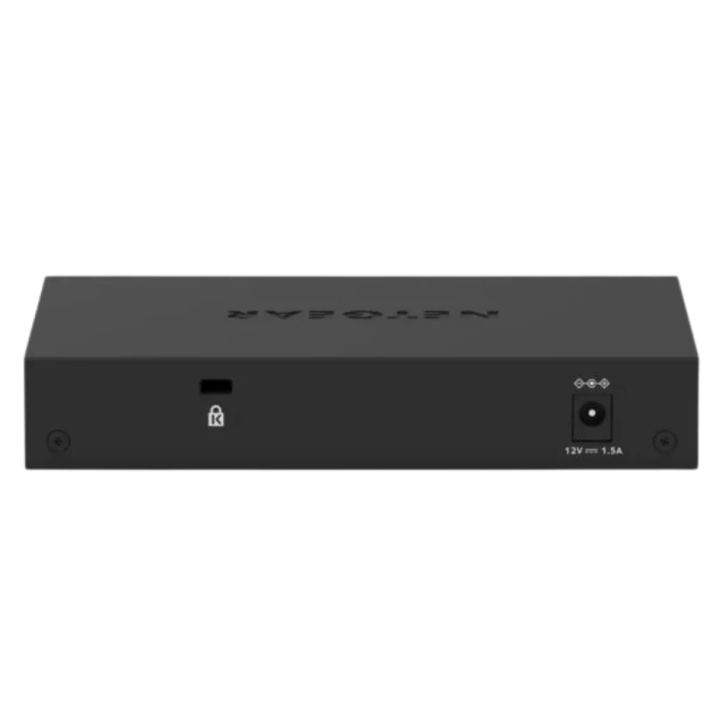 NETGEAR GS308E Switch Gigabit de 8 puertos, carcasa metálica negra, panel trasero con puerto de alimentación 12V 1.5A, icono de candado y orificios de montaje
