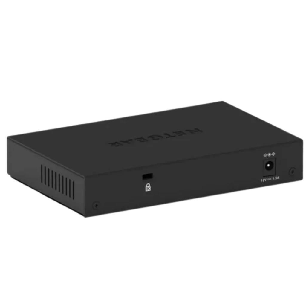 NETGEAR GS308E Switch gestionado Gigabit de 8 puertos, carcasa metálica negra, ventilación lateral, puerto bloqueo Kensington, entrada 12V 1.5A y LEDs estado