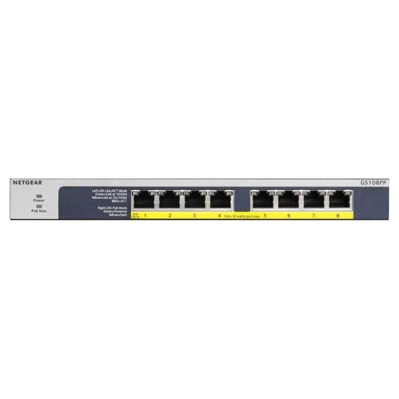 NETGEAR GS108PP switch não gerenciado com 8 portas Gigabit Ethernet, indicador LED frontal e faixa amarela destacando portas PoE, design compacto em metal