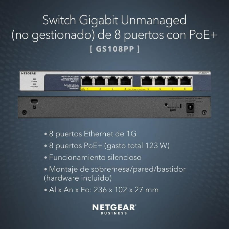 NETGEAR GS108PP Switch não gerenciado com 8 portas Gigabit, 8 PoE+ total 123 W, operação silenciosa, montagem em mesa/parede/bastidor, compacto