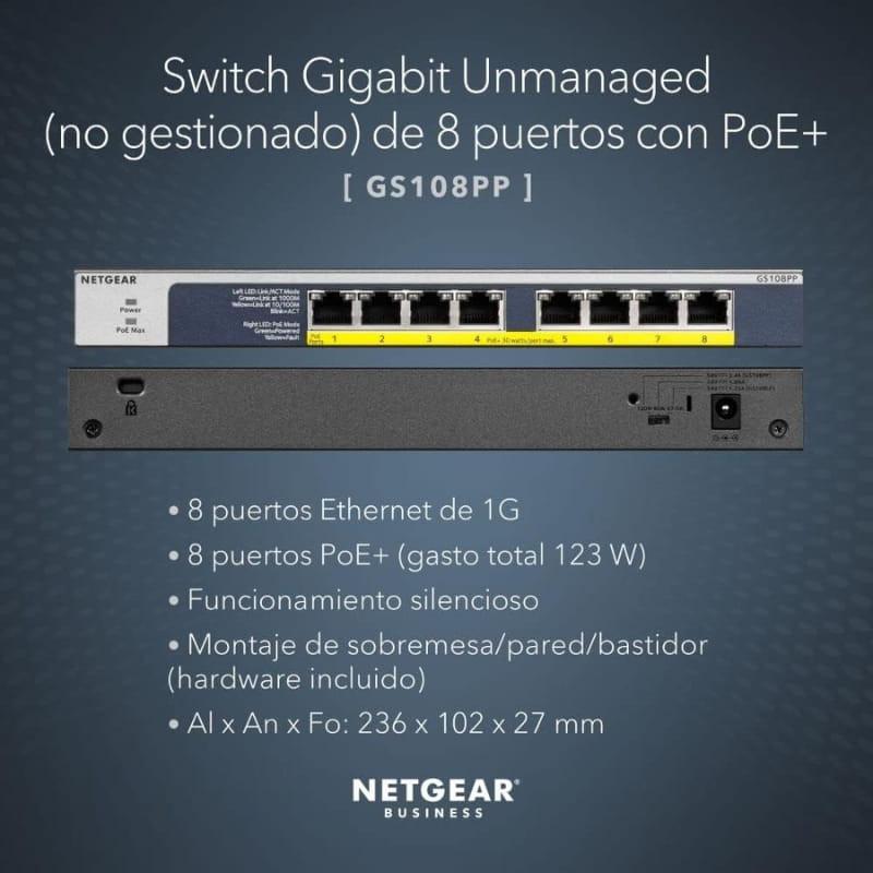 NETGEAR GS108PP Switch não gerenciado com 8 portas Gigabit, 8 PoE+ total 123 W, operação silenciosa, montagem em mesa/parede/bastidor, compacto