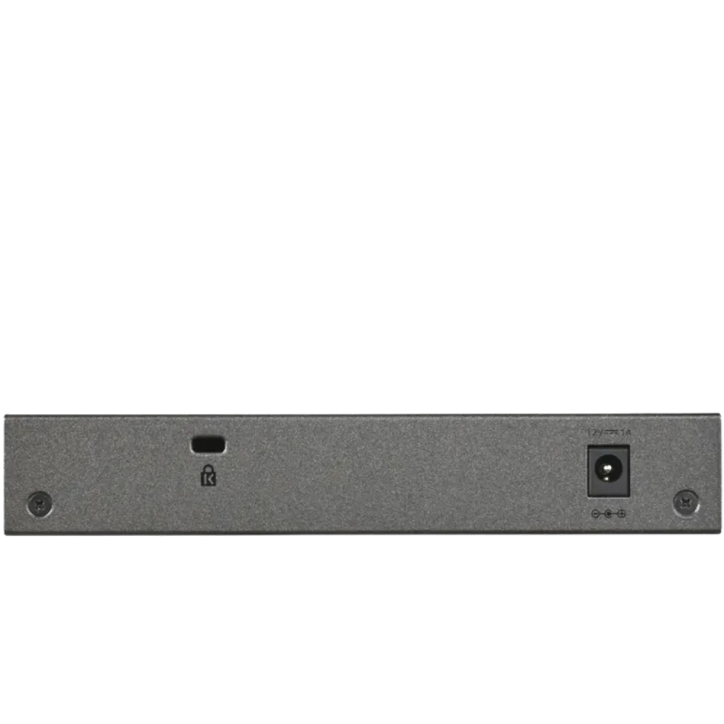 Parte trasera de NETGEAR GS108Tv3 con chasis metálico gris, ranura de seguridad Kensington, botón Reset y puerto de alimentación DC a la derecha