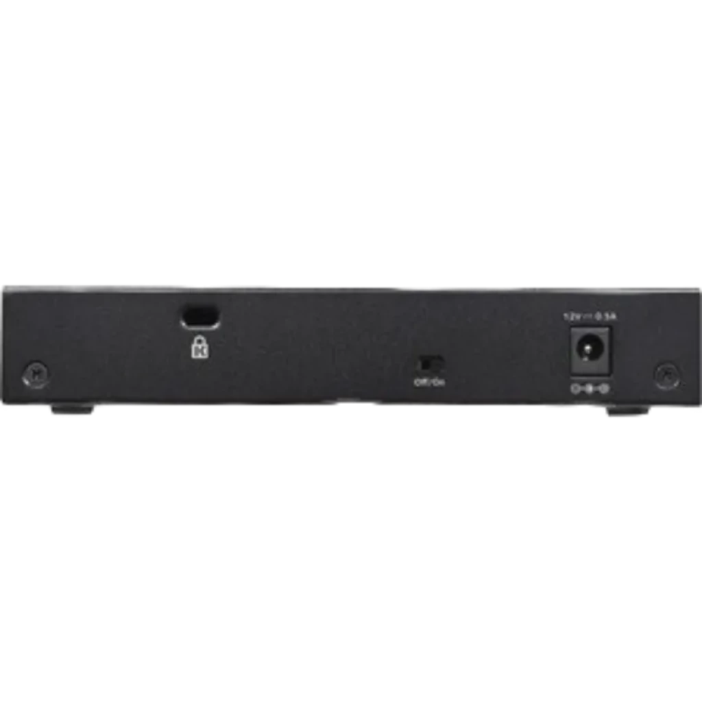 Parte traseira do NETGEAR GS308-300PES com porta Kensington, interruptor on/off e entrada de alimentação 12V 0.5A em acabamento preto compacto