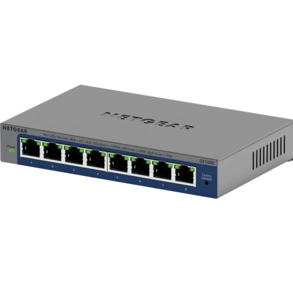NETGEAR GS108Ev4 switch gigabit metálico com 8 portas RJ45 frontais, LEDs verdes de status por porta, ventilação lateral e design compacto profissional