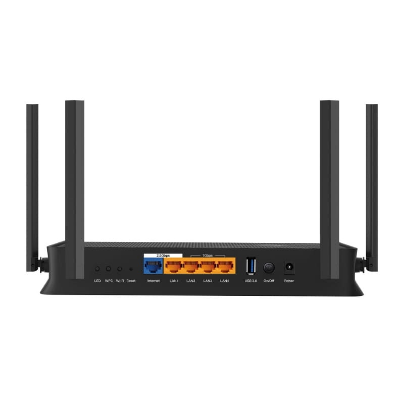 TP-Link Archer BE3600 Wi-Fi 7, routeur noir à 4 antennes, ports arrière: Internet bleu, 3 LAN orange, USB 3.0, bouton WPS, interrupteur On/Off, LED latérales