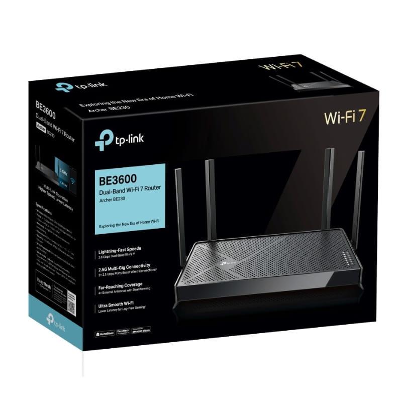 Routeur TP-Link Archer BE3600 Wi-Fi 7, noir, 4 antennes externes, design angulaire ventilé, double bande, ports Ethernet, boîtier avec marquages dorés