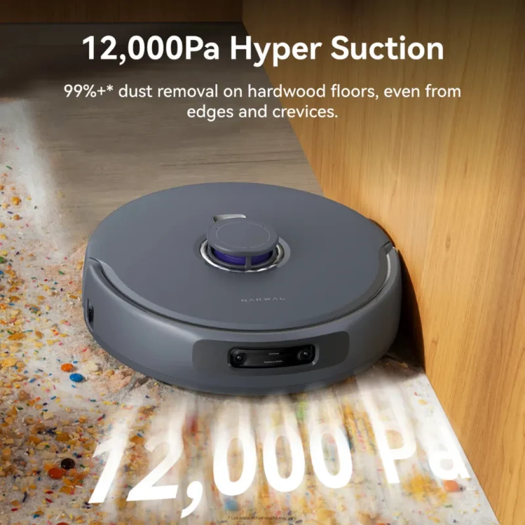 Narwal Freo Z ultra Extend robot aspirateur gris, module LiDAR 4.0 sur le dessus, capteurs frontaux, forte aspiration 12000 Pa, nettoie bords et coins
