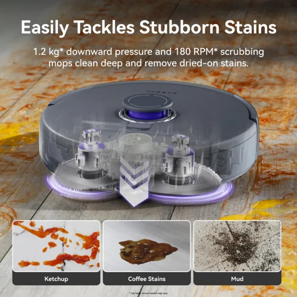 Narwal Freo Z ultra Extend robot aspirateur gris avec double serpillière rotative, brosse centrale visible, anneaux lumineux violets, combat taches tenaces
