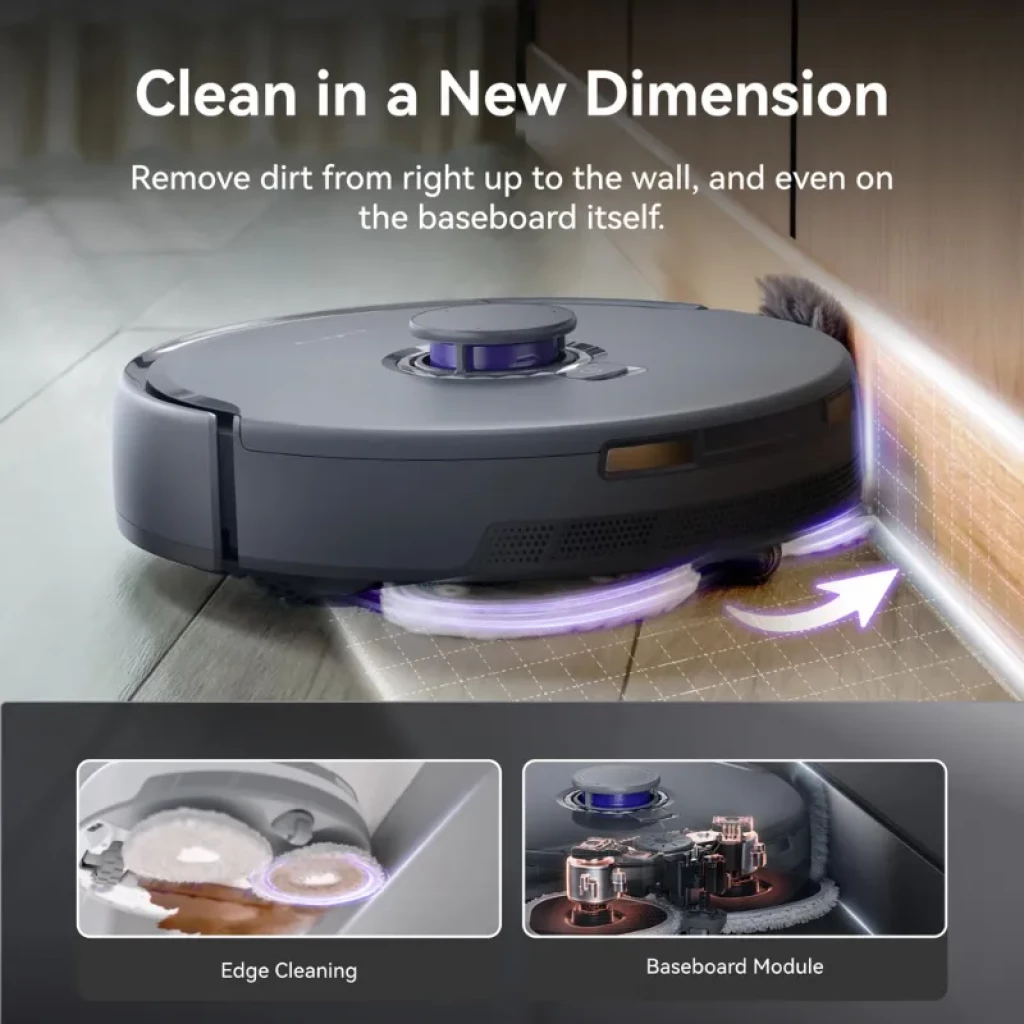 Narwal Freo Z ultra Extend robot aspirateur gris avec brosse latérale, éclairage violet, bord arrondi, capteur LiDAR sur le dessus, nettoie plinthes et coins