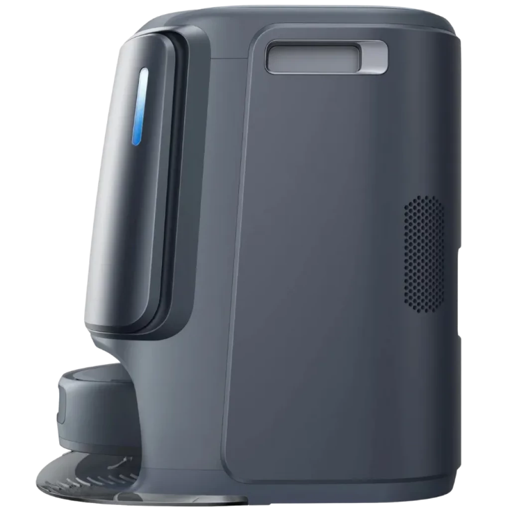 Narwal Freo Z ultra Extend station de base élégante en gris foncé avec réservoir intégré, poignée supérieure, évents latéraux et indicateur lumineux