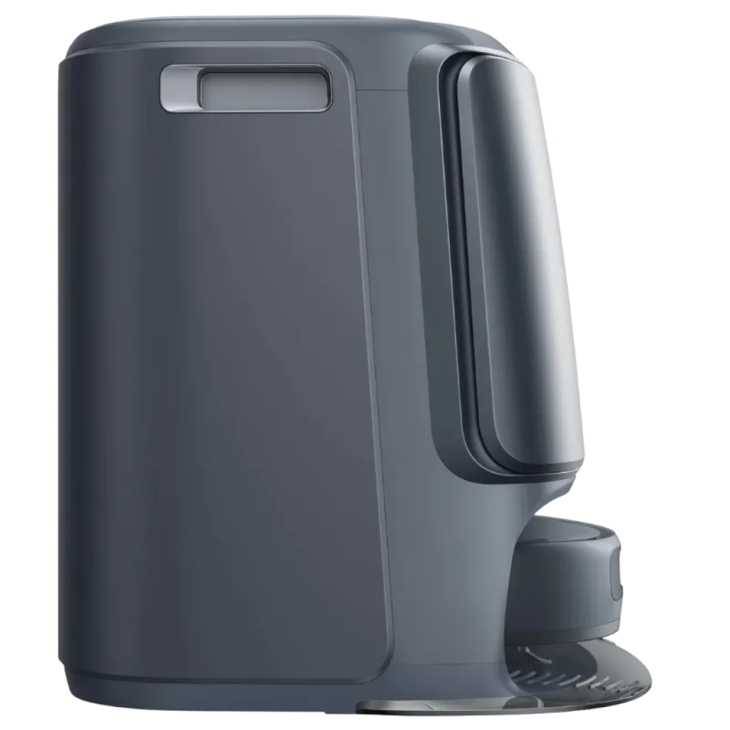 Narwal Freo Z ultra Extend avec base station compacte gris foncé, design épuré, panneau latéral lisse, poignée intégrée et module avant arrondi