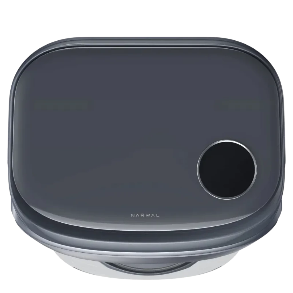 Narwal Freo Z ultra Extend en gris anthracite, couvercle lisse aux bords arrondis avec module circulaire noir, finition premium et design minimaliste