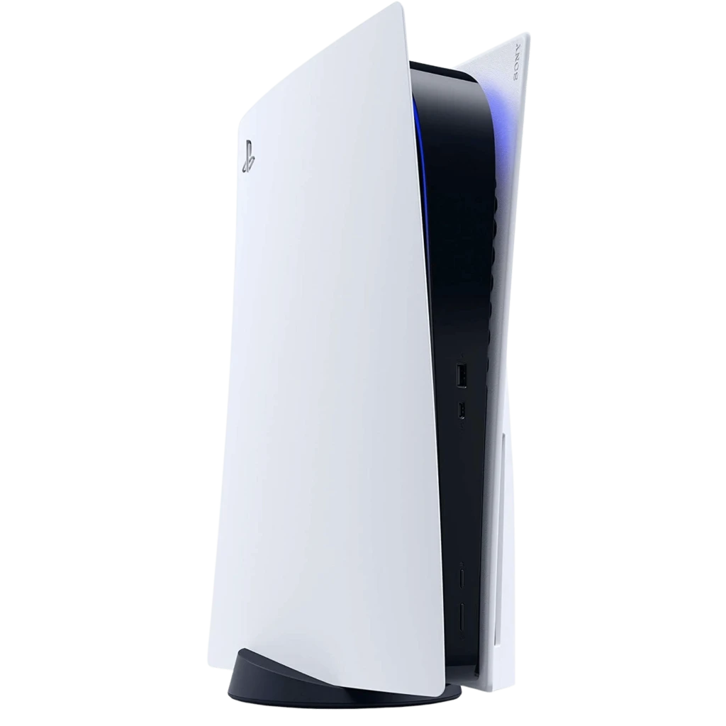 Console Playstation 5 branco padrão 825GB renovado em bom estado, design vertical com luz azul, entrada de disco, portas USB frontais e acabamento fosco